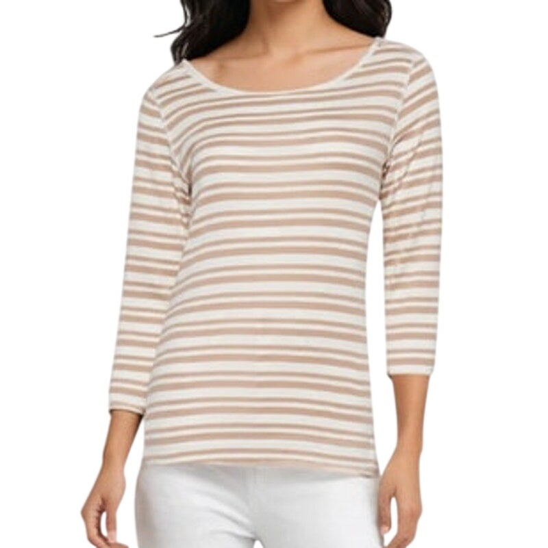 Three Dots Women's 3/4-Sleeve Boat-Neck T-Shirt in Light Taupe Stripe