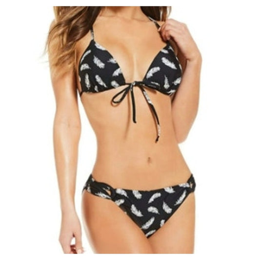 GIANNI BINI Ladies Black Push Up Bikini w/ White & Gold Feather Print, Size L