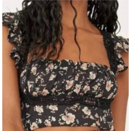 Free People Ladies Black & Pink Floral Print Sleeveless Crop Top, Size 2