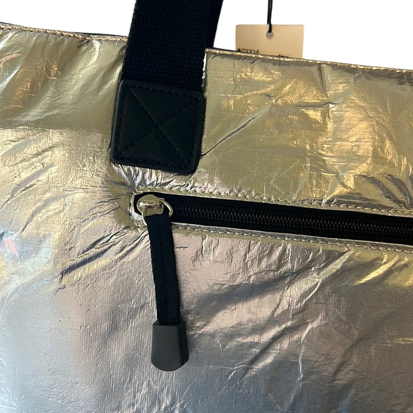 Calvin Klein Metallic Silver Tote Bag w/ Pockets & Black Details, NWT, $168