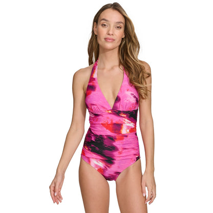 DKNY Women's Tie-Back Halter-Style One-Piece Swimsuit In Pink Black Multi