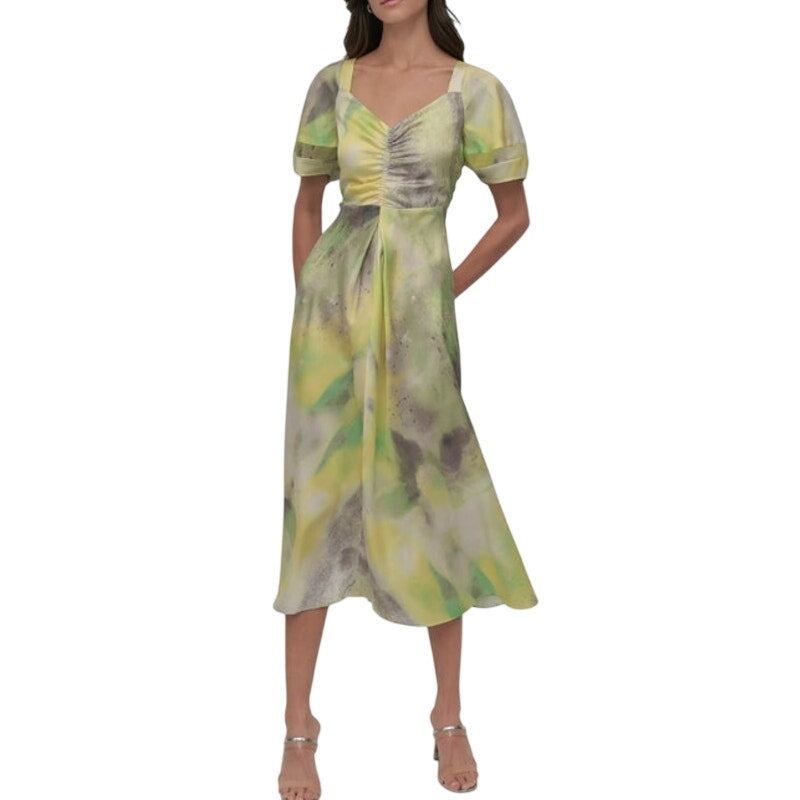 DKNY Women's Ruched Printed Satin Midi Dress in Yellow Gray Multi