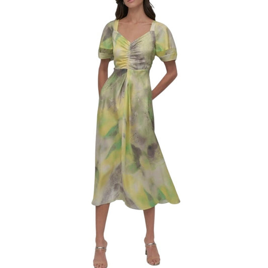 DKNY Women's Ruched Printed Satin Midi Dress in Yellow Gray Multi
