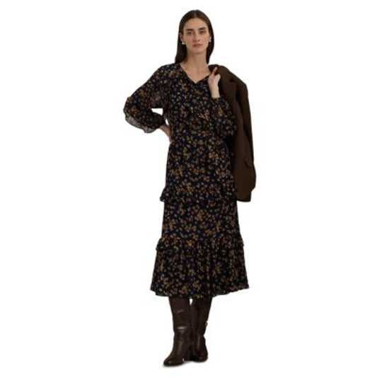 Lauren Ralph Lauren Women's Ruffled Tiered Midi Dress in Navy Blue Multi Floral