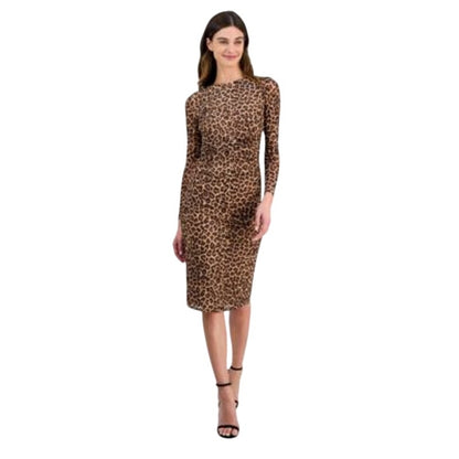 Anne Klein Women's Long-Sleeve Shirred Midi Dress in Black Multi Animal Print