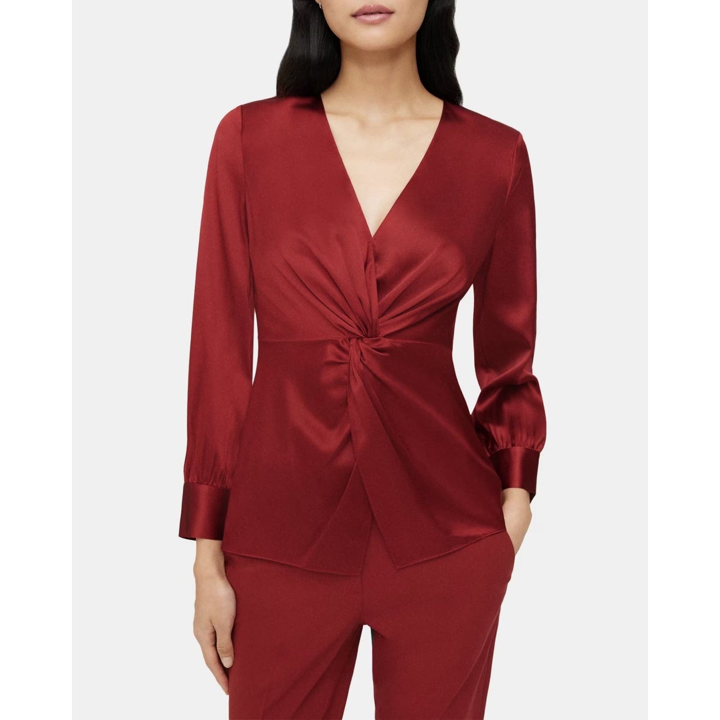 Theory Twist Blouse in Stretch Silk Satin Red Dahlia, Size 00