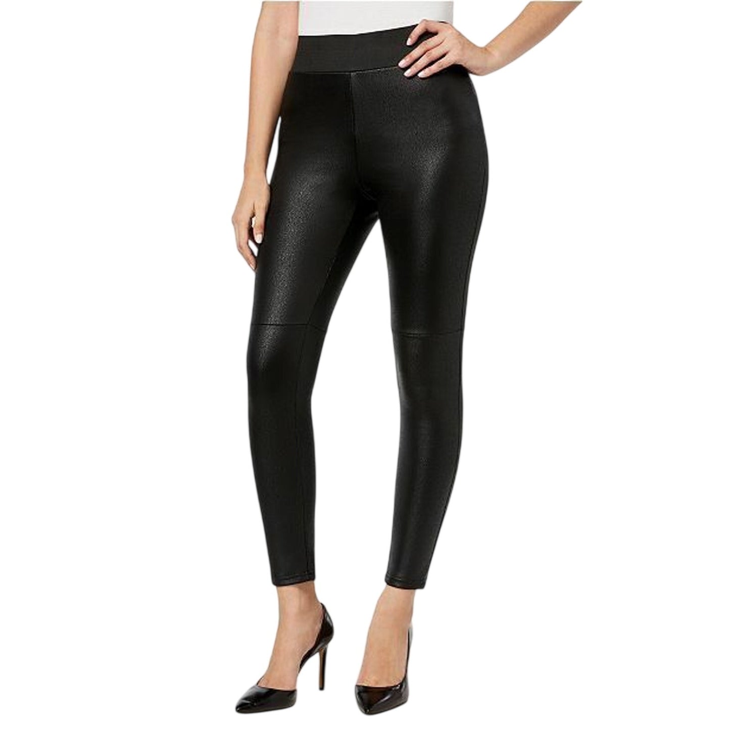 INC International Concepts Women's High-Rise Faux-Leather Pebbled Leggings Black