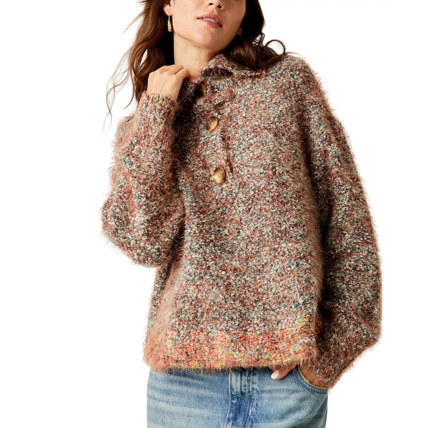 Free People Women's Stellar Collared Textured Sweater in Auburn Bay
