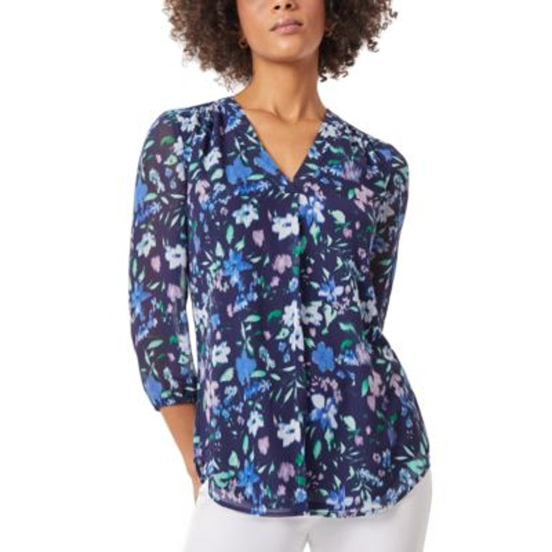 Jones New York Petite V-Neck 3/4-Sleeve Printed Top in Navy Floral