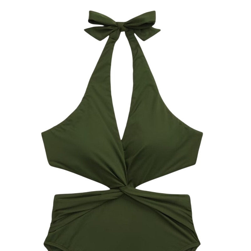 Lauren Ralph Lauren Women's Cutout Twist Halter Swimsuit in Olive Green