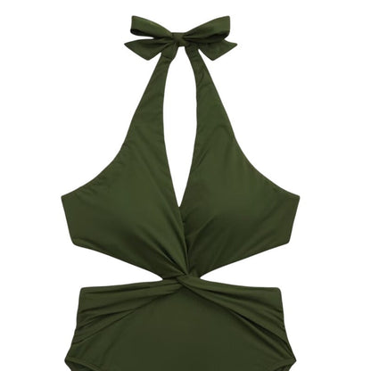 Lauren Ralph Lauren Women's Cutout Twist Halter Swimsuit in Olive Green