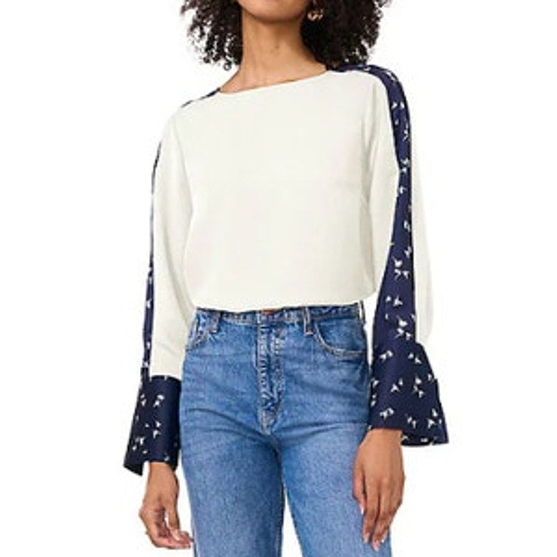 Vince Camuto Women's Contrast Sleeve Crewneck Top in New Ivory