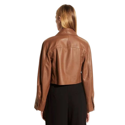 VINCE Women's Cropped Leather Jacket in Caramel Brown, Size Small