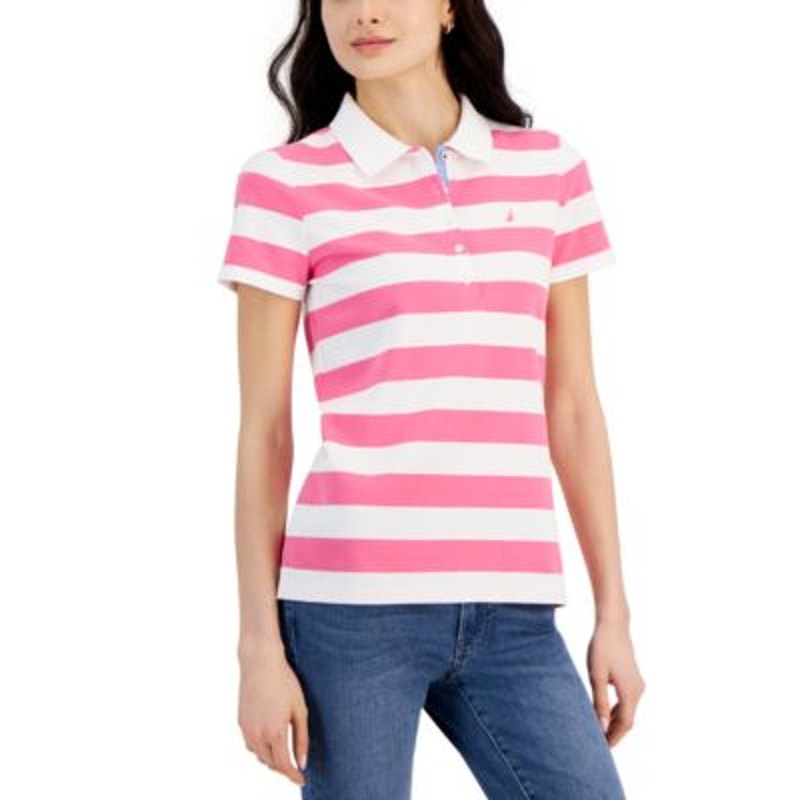 Nautica Jeans Women's Striped Polo Top in Pink Sangria Sunset & Bright White