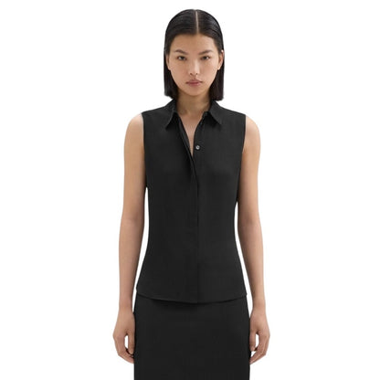 Theory Fitted Sleeveless Shirt in Pure Silk Georgette Black, Size Large