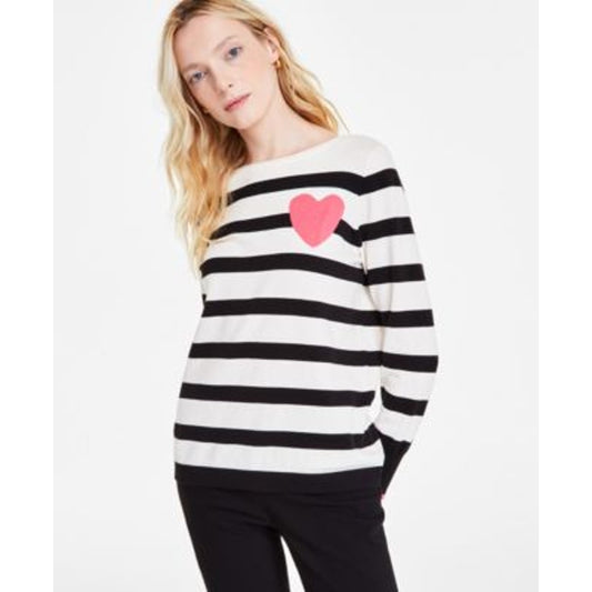 Jones New York Women's Striped Heart Boat-Neck Sweater in Jones White Multi