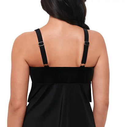 Swim Solutions Women's Plus Black Swan Tiered-Ruffle Tankini Top In Black