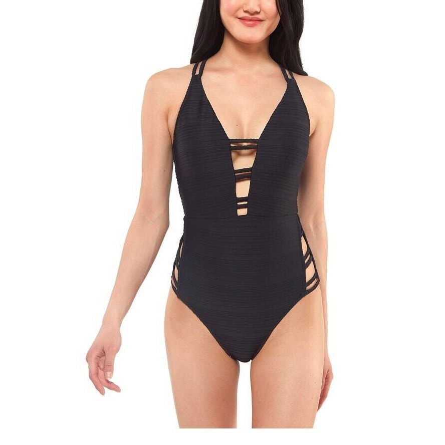 Jessica Simpson Women's Double Strap Plunge Neck One Piece Swimsuit in Black