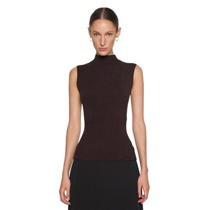 Theory Women's Plaited Mock Neck Tank Top Blouse in Merlot, Size Small
