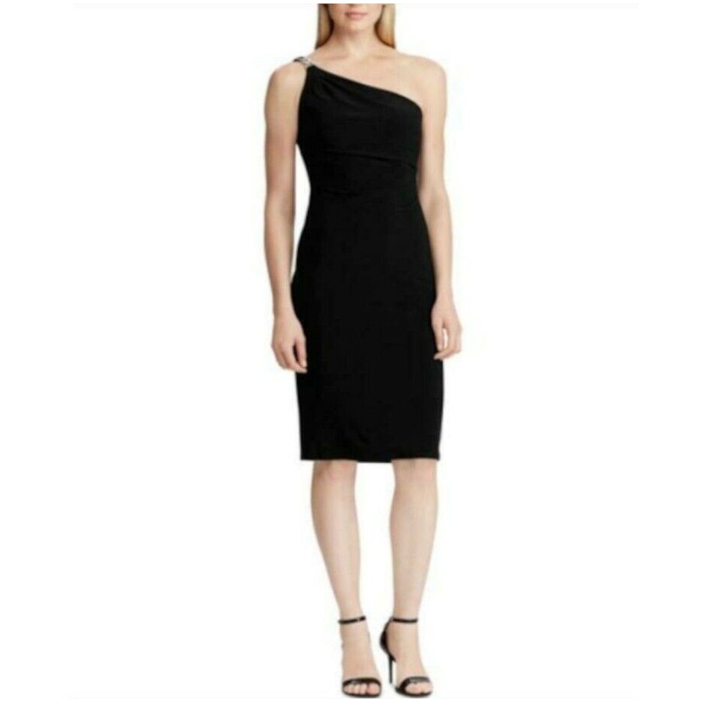 Ralph Lauren Black Sleeveless "Hollyn" One Shoulder Dress w/ Silver Accents