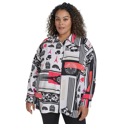 KARL LAGERFELD PARIS Plus Size Printed Collared Button-Front Shirt