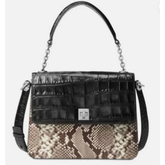 Michael Kors Black Gray Snakeskin Print "Natalie" Shoulder Bag, Silver Hardware