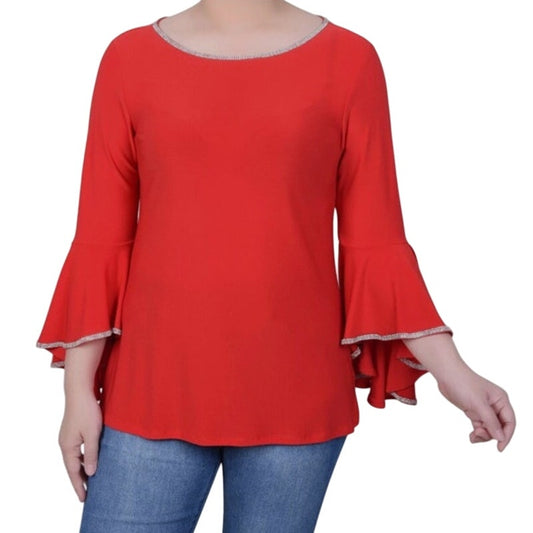 NY Collection Women's Petite Embellished Bell-Sleeve Top in Jester Red