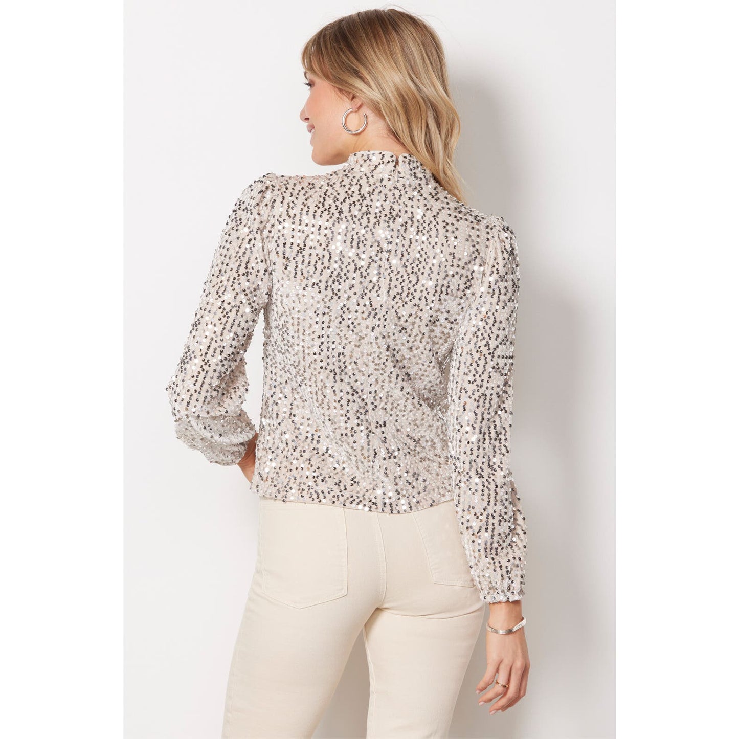 Sanctuary All Nighter Sequinned Mock Neck In Champagne, Size XS