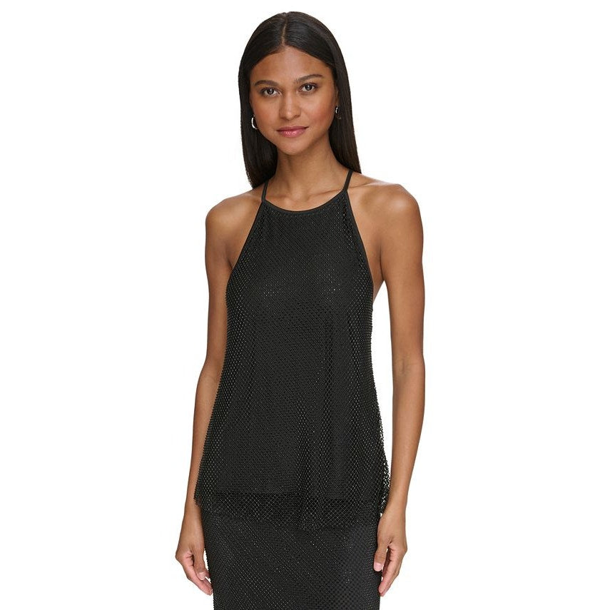 Calvin Klein Women's Black Mesh Crystal Overlay Sleeveless Top