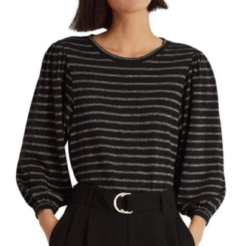 Lauren Ralph Lauren Women's "Lurex" Black Metallic Stripe Blouse, Balloon Sleeve