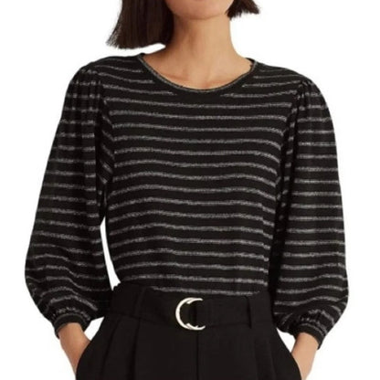 Lauren Ralph Lauren Women's "Lurex" Black Metallic Stripe Blouse, Balloon Sleeve