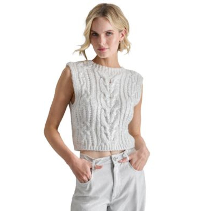 DKNY Jeans Petite Cropped Cable-Knit Metallic Sweater in Ivory Silver