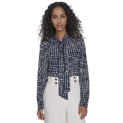 Calvin Klein Women's Printed Tie-Neck Blouse in Navy Blue Cream