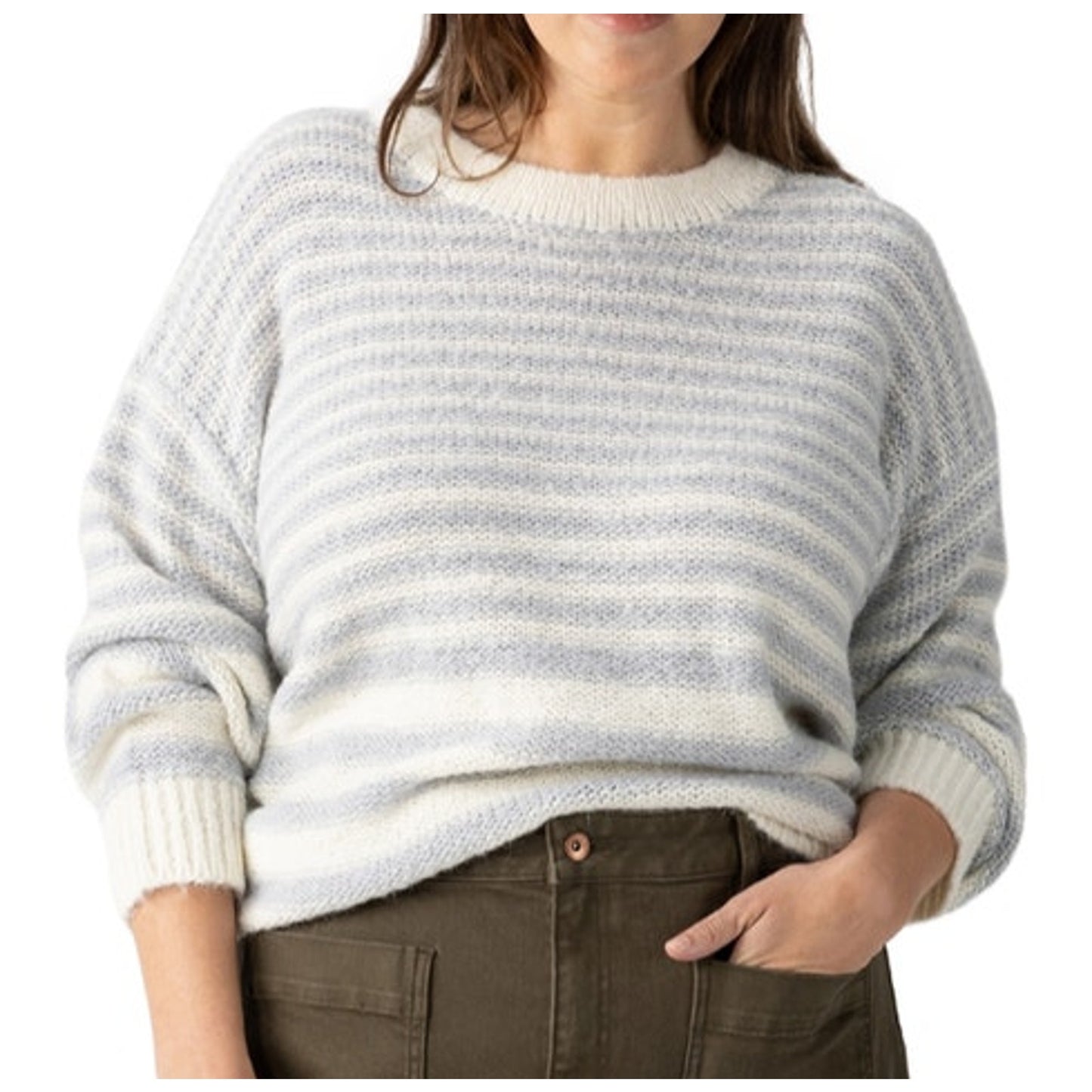 Sanctuary Women's Fuzzy Long Sleeve Tunic Sweater in Pearl Blue Chalk Stripe