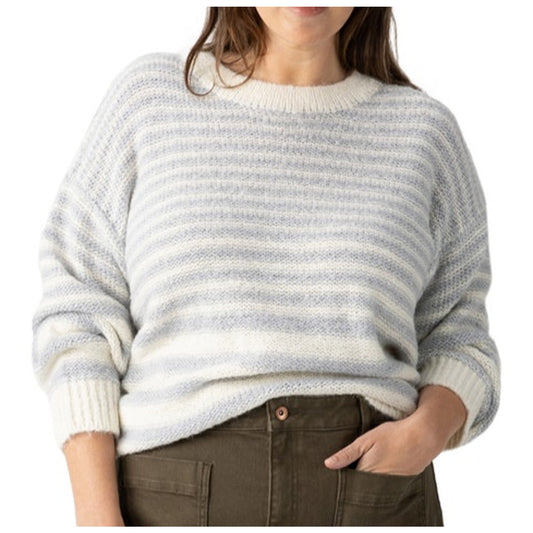 Sanctuary Women's Fuzzy Long Sleeve Tunic Sweater in Pearl Blue Chalk Stripe