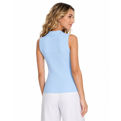 Calvin Klein Women's Sleeveless Collared V-Neck Top in Light Sky