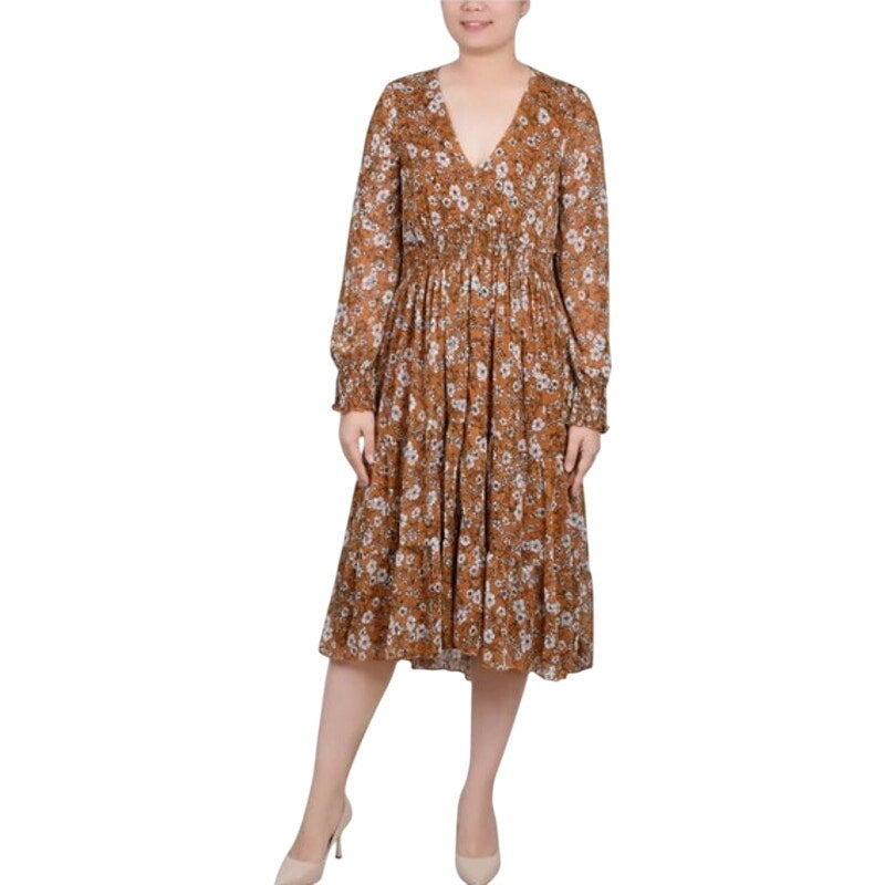 NY Collection Women's Petite Clip Dot Midi Dress in Mustard Floral Print