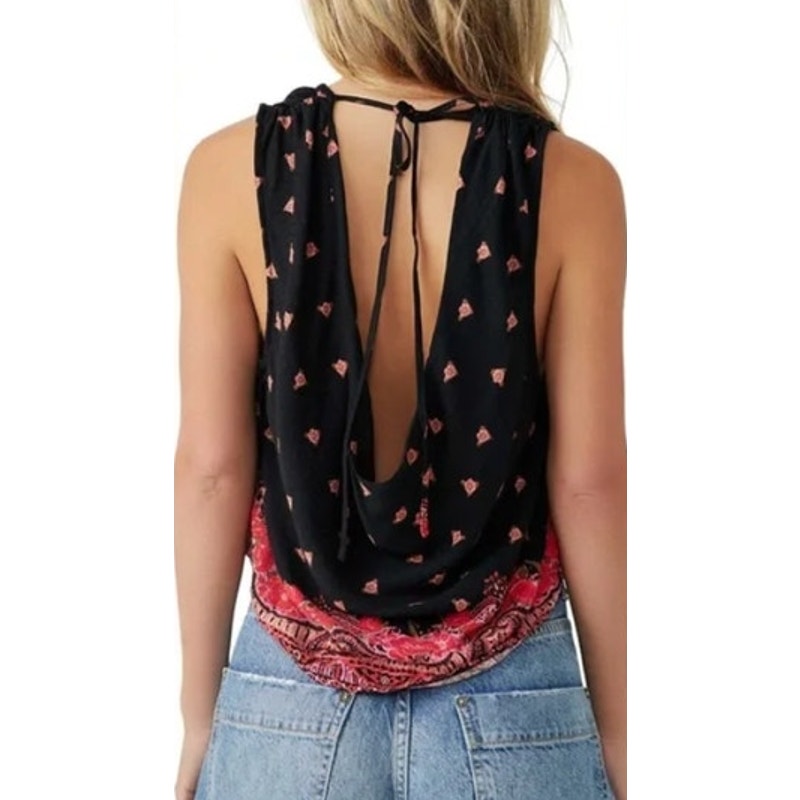 Free People Women's Black & Pink Floral Motif Open Back Top, Size Small