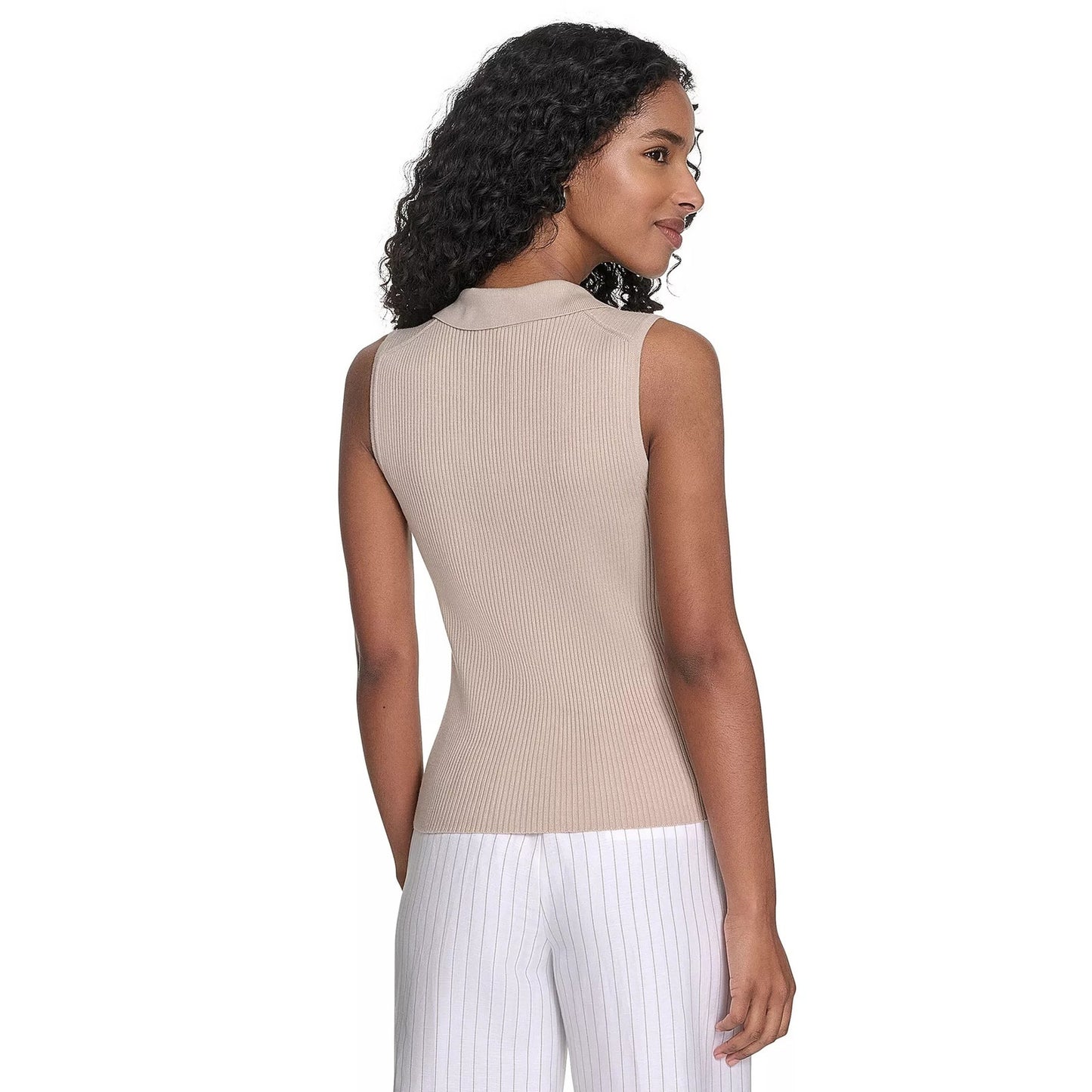 Calvin Klein Women's Sleeveless Collared V-Neck Top In Khaki