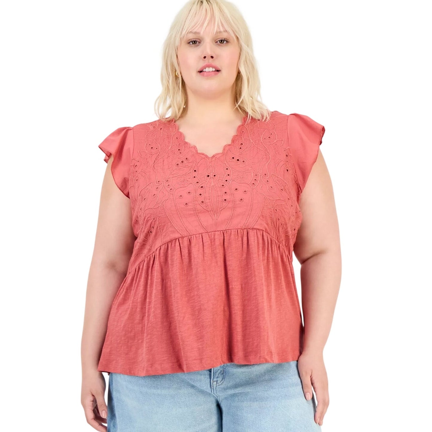 Democracy Trendy Plus Embroidered Flutter Sleeve Blouse in Cashmere Rose