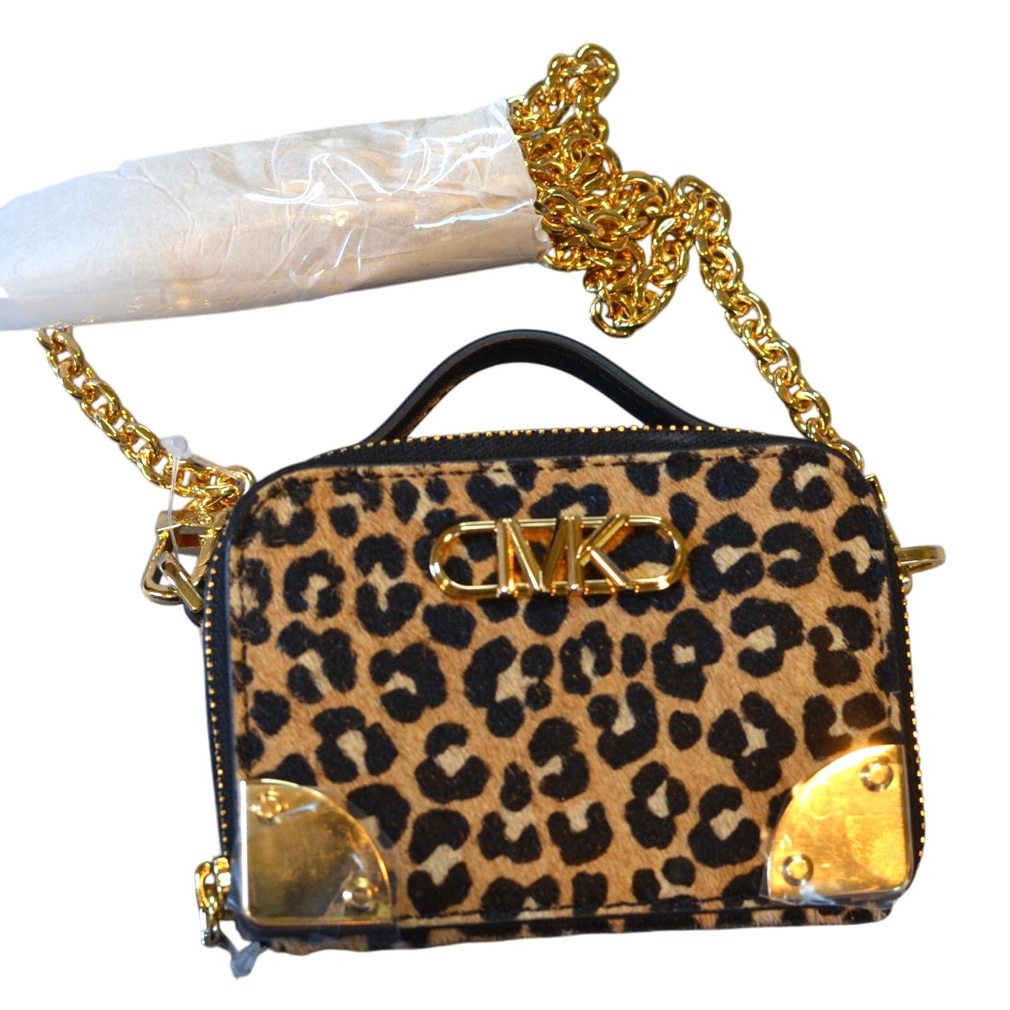 MICHAEL Michael Kors "Estelle" Micro Leather Trunk Crossbody Bag in Leopard Tan
