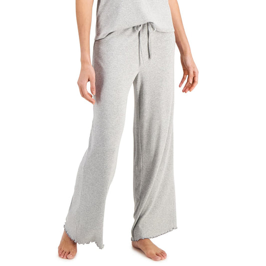 Jenni Ladies Light Gray Heather Ribbed Pajama Pants w/ Lettuce Trim & Drawstring