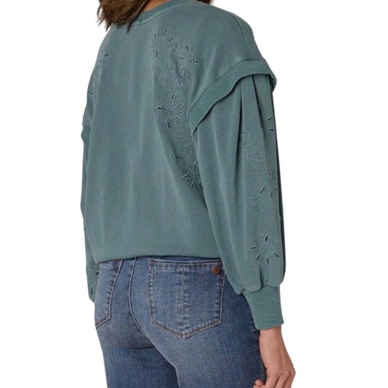 Democracy Women's Floral Embroidered Crewneck Sweater in Mineral Wash Dusty Blue
