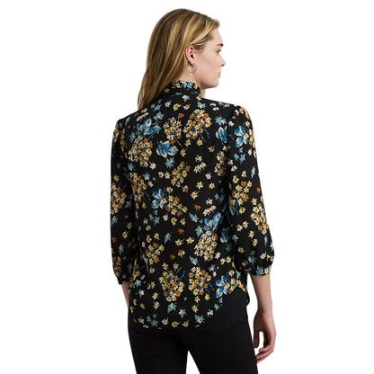 Lauren Ralph Lauren Women's Ruffled Floral Shirt in Black, Yellow & Blue, XL