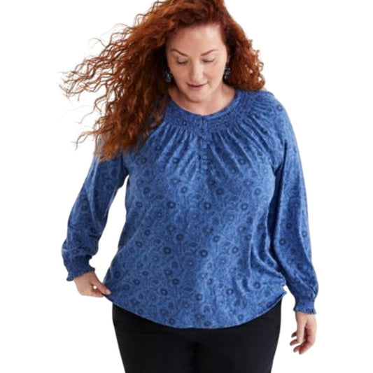 Style & Co. Plus Size Floral-Print Smock-Neck Top in Riverview Blue