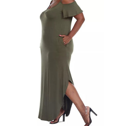 White Mark Women's Plus Size Cold Shoulder "Lexi" Maxi Dress in Olive Green