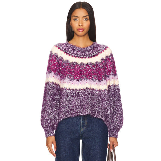 FREE PEOPLE Festive Frost Intarsia Sweater in Blackberry Wine Combo