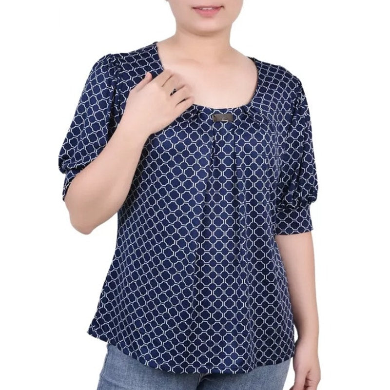 NY Collection Petite Printed Balloon Sleeve Top in Navy Blue Square Circle Print