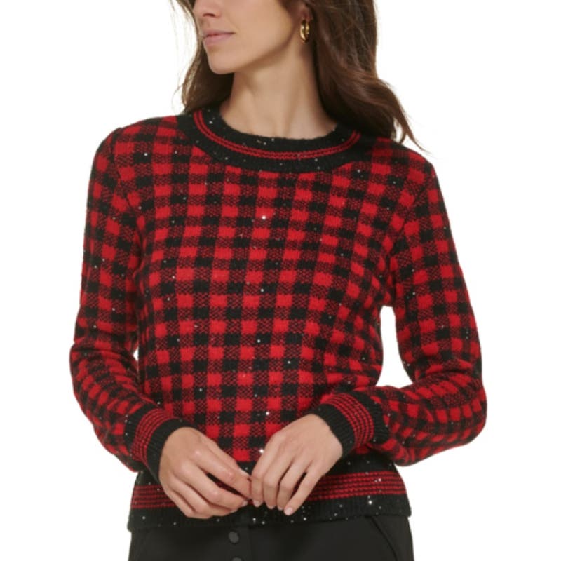 KARL LAGERFELD PARIS SEQUINED PLAID CREWNECK SWEATER, Size Medium