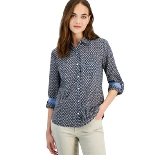 Nautica Jeans Women's Stamp-Leaf Roll-Tab Long Sleeve Button Up Shirt in Blue